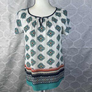 The Limited Boho Geometric Border Print Keyhole Peasant Blouse Top Size S